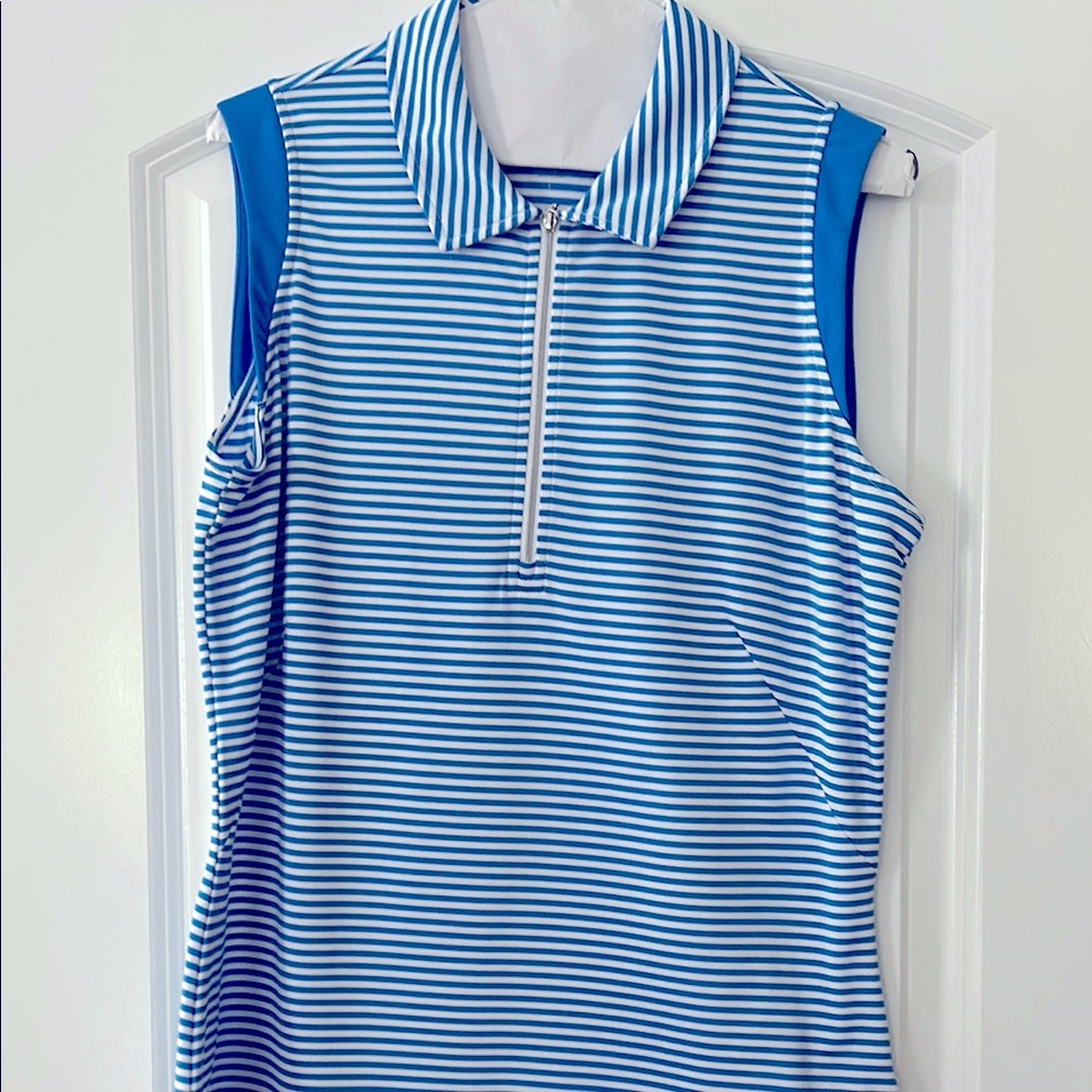 Blue and White Fitted Sleeveless Polo Top